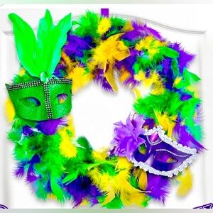 Mardi Gras Wreath for Carnival 
Front Door and Party Decorations
Feather & Masks